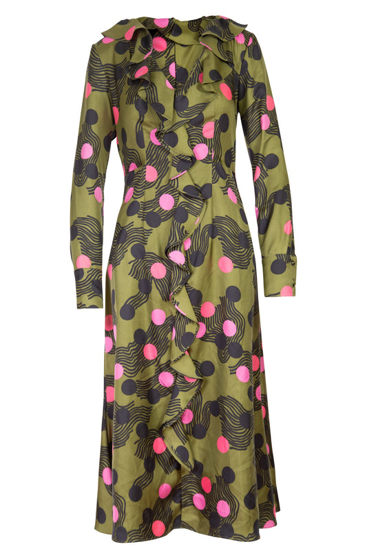Abstract Polka Dot Print Silk Ruffle Front Dress